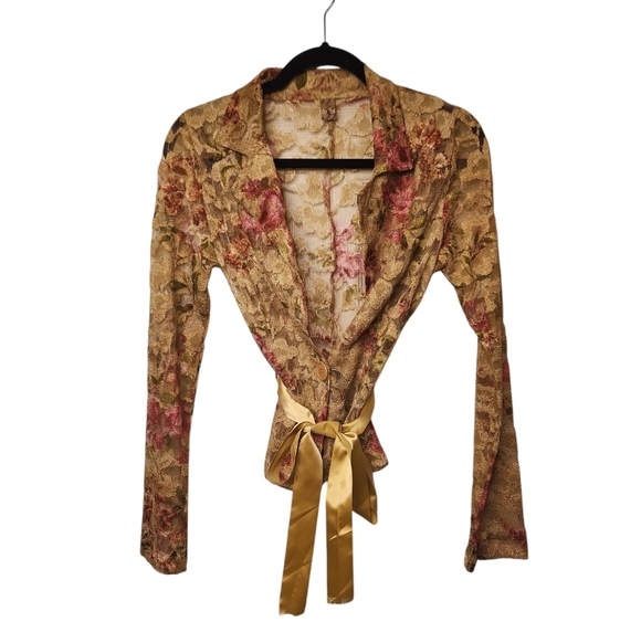 DO+BE Jackets & Blazers - Do & Be Clothing Women's Yellow Gold/Pink Appliqued Floral Lace Jacket Size S